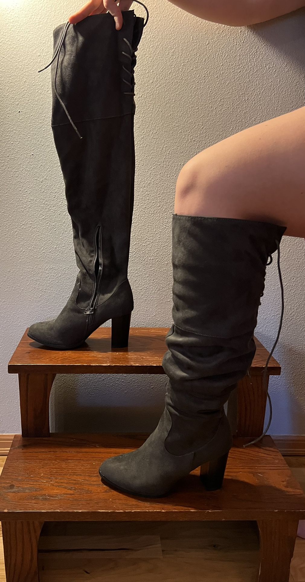 Size 9 2 Pairs Of Thigh High Boots Color Green And Color Gray