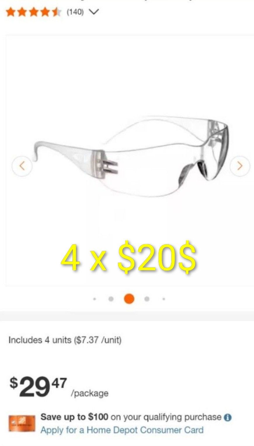 4 x 3M CLEAR SAFETY GLASSES 
