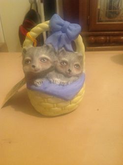 Vintage porcelain basket babies raccoons in a basket bell