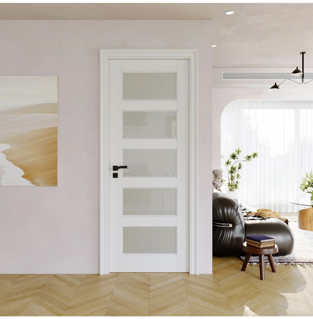30"x80" CARB P2 Solid Core & Pre-Finished Thick SGCC Frosted Glass Doors, Interior Door for Room, 5-Panel Pre-Built Wood Panel w/o Prehung Jamb, Singl