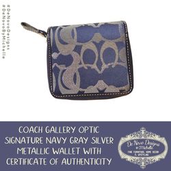 Coach Gallery Optic Signature Navy Gray Silver Metallic Wallet W/a Certificate Of Authenticity 