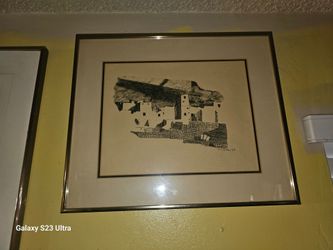 Framed Ink Drawing Pueblo Cliff Dwellings 1968