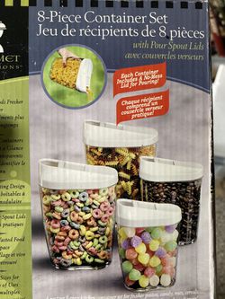NIB 8PC SET GOURMET TRADITIONS CONTAINER CANISTER SET WITH POUR SPOUT LIDS (H)