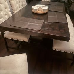 Solid Wood Dining Table With Leaf + Upholstered Chairs 
