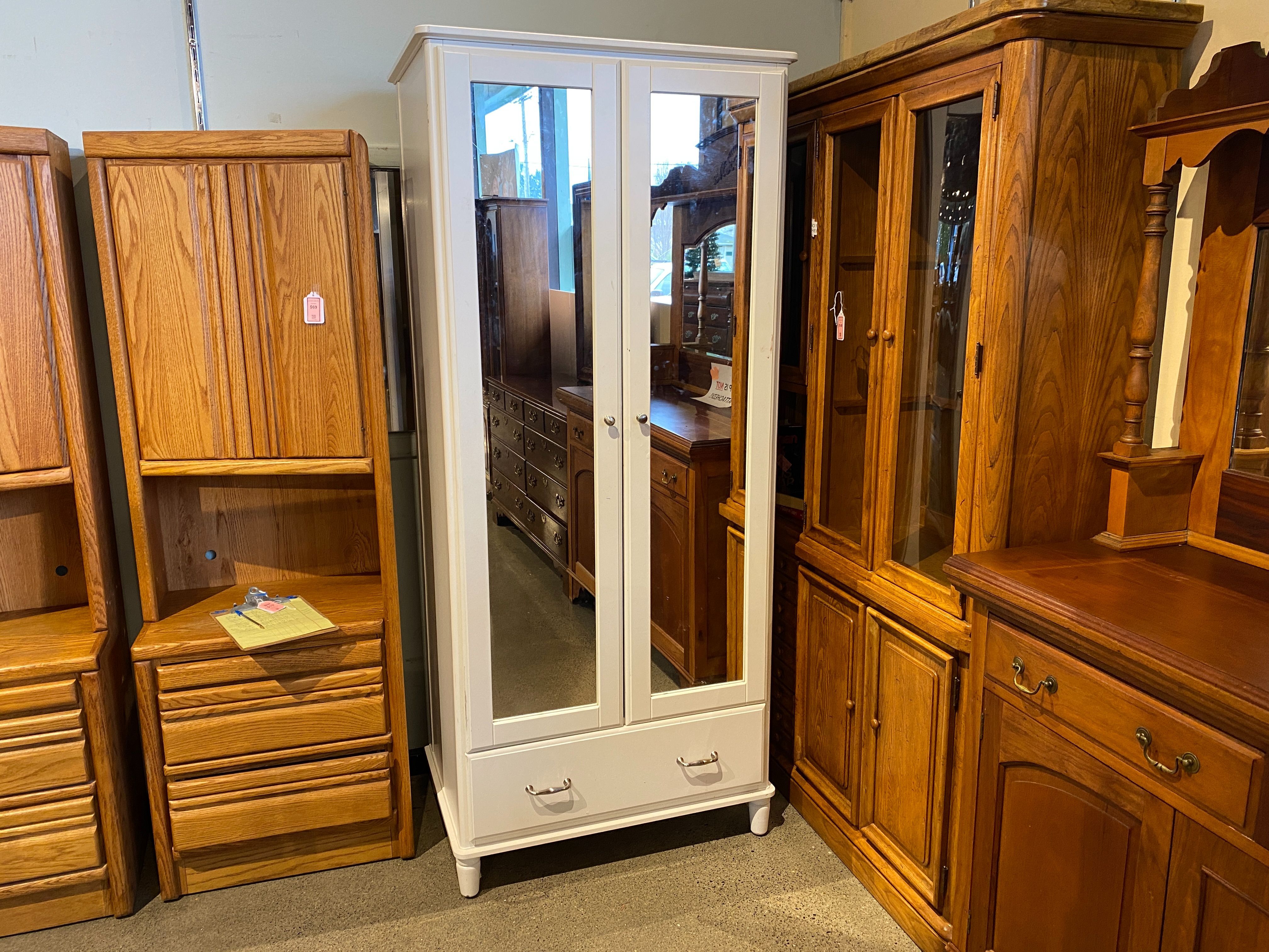 White Mirrored Double Door Wardrobe with Lower Drawer