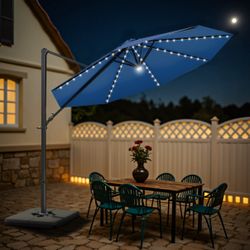 New 10ft Cantilever Solar LED Patio Umbrella w/ 360 Rotation, Dark Blue
