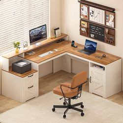 63" Farmhouse L Shaped Desk with Drawers & Printer Shelf for Home Office Corner Computer Desk with Storage, Power Outlets, L Shaped Office Desk with M