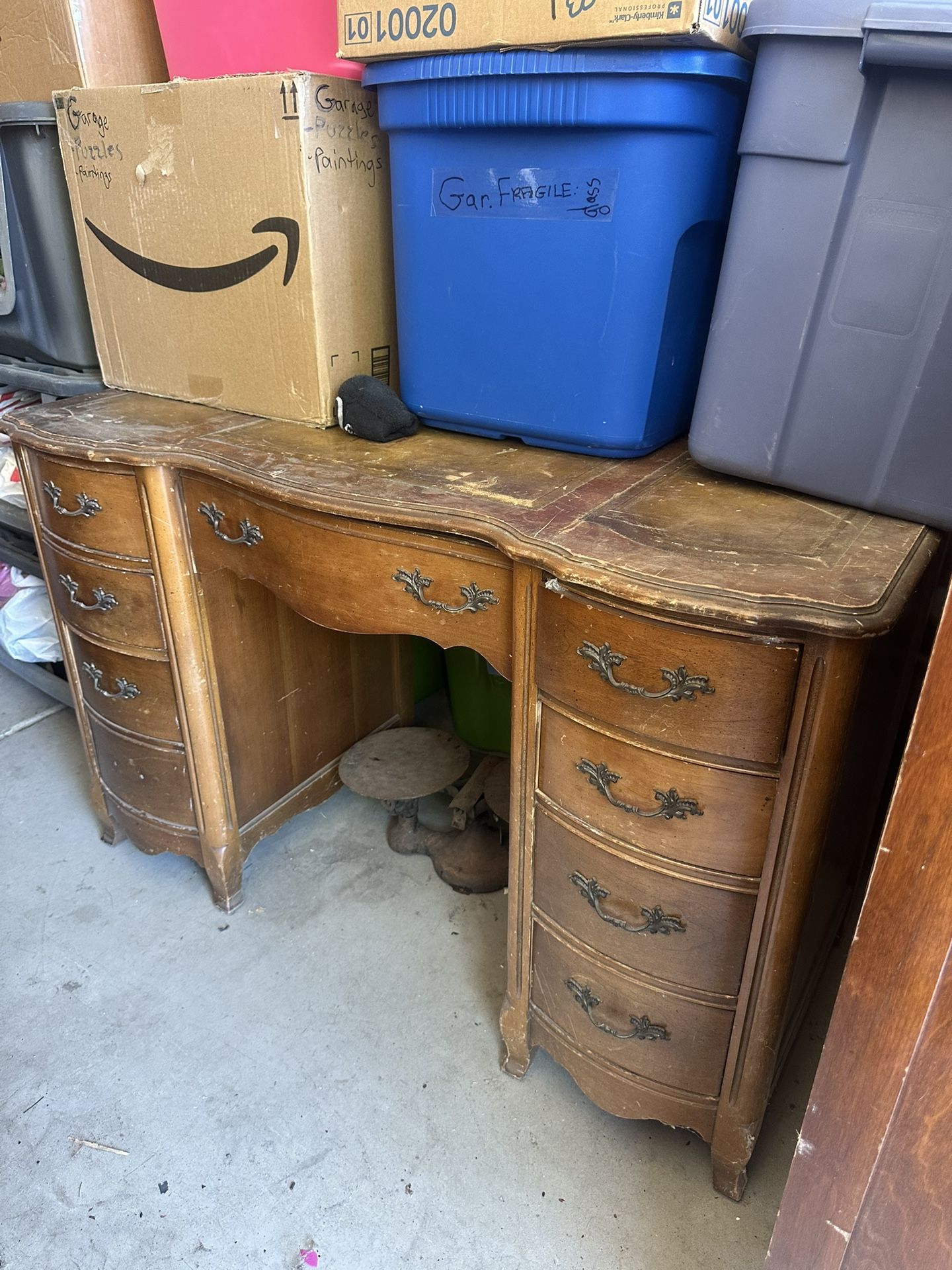 Antique Wooden Desk. Leather Top. Used. 