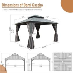 12' X 12' Hardtop Gazebo, Aluminum Metal Gazebo with Galvanized Steel
Double Roof Canopy Permanent Gazebo Pavi ion
Curtain and
Netting,
for Patio, Ba