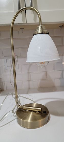 Brass Arc Desk Lamp with Glass Shade