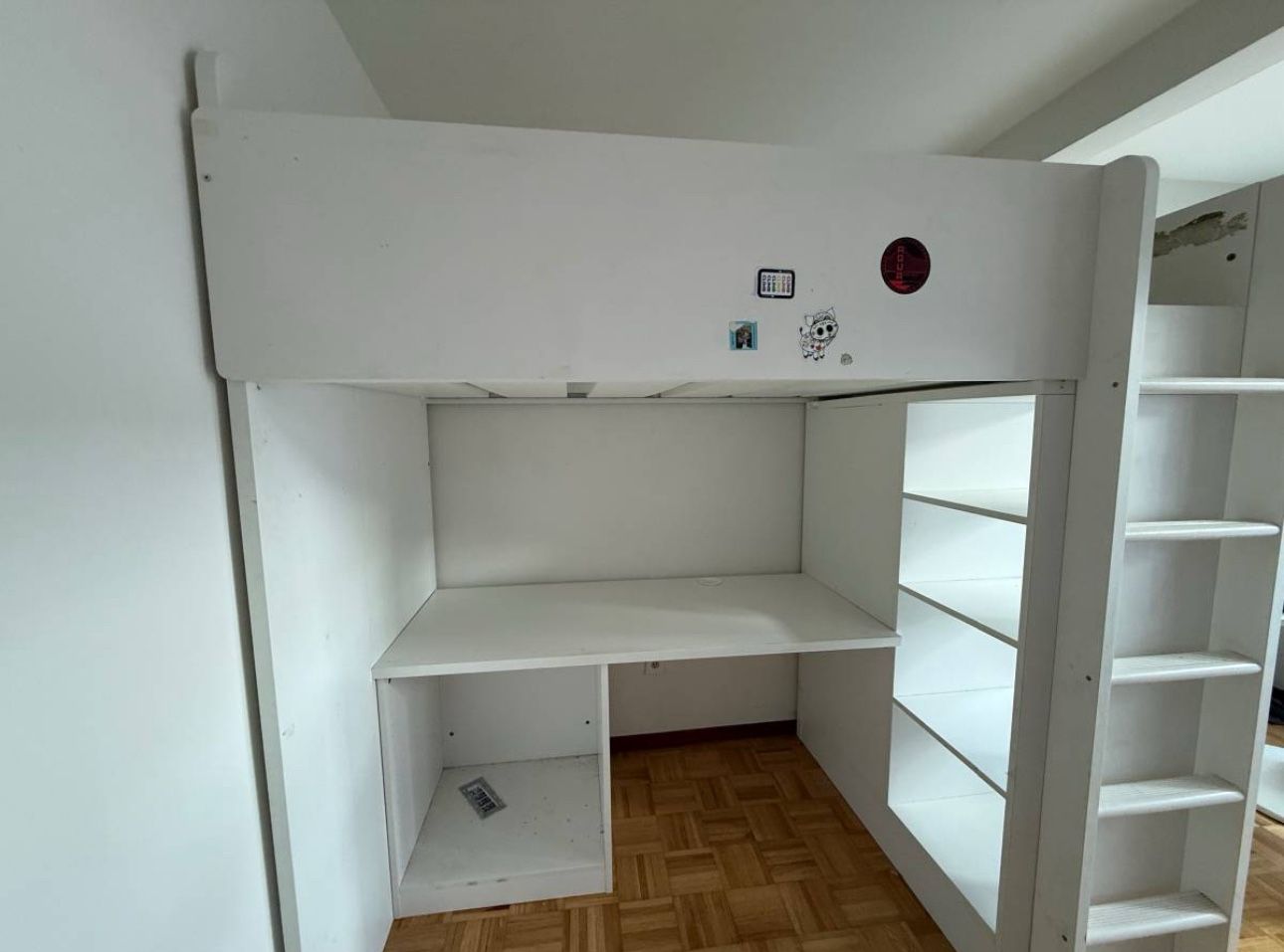 White Loft Bed with Built-In Desk & Shelving