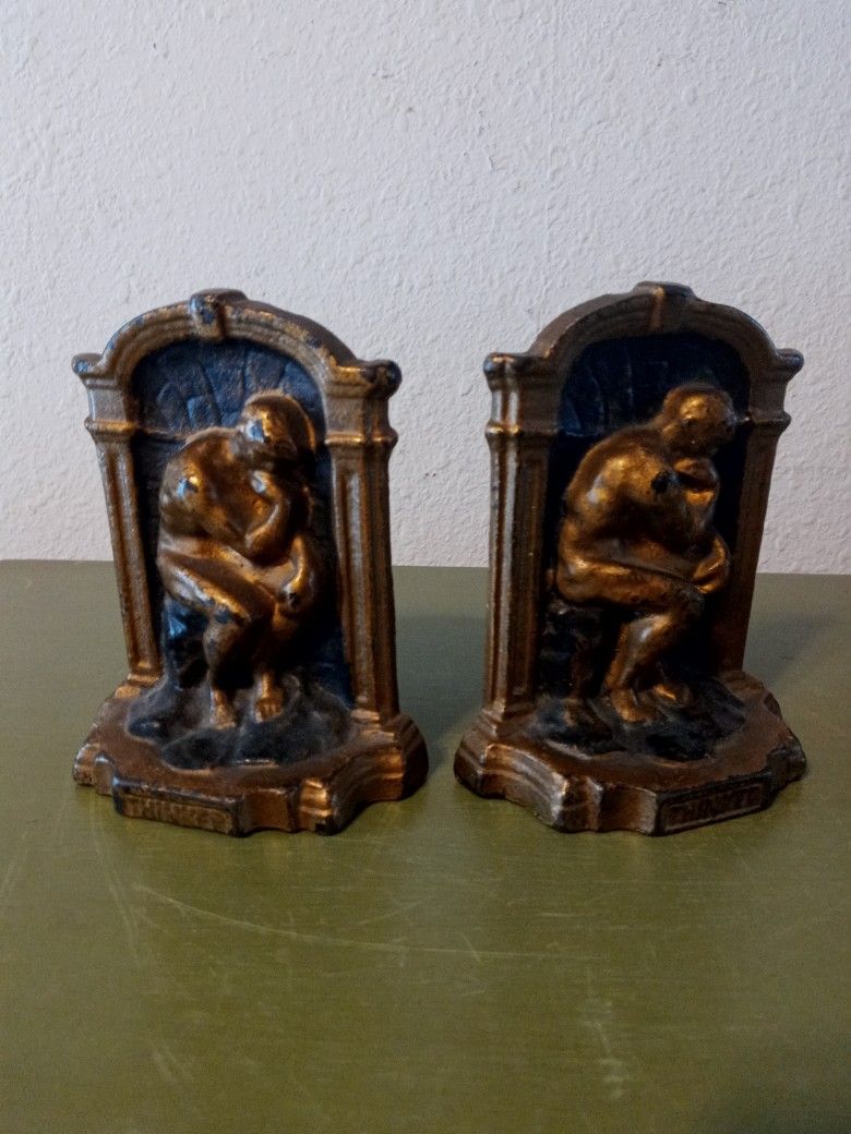 Vintage Solid Brass Thinker Bookends 5.5"