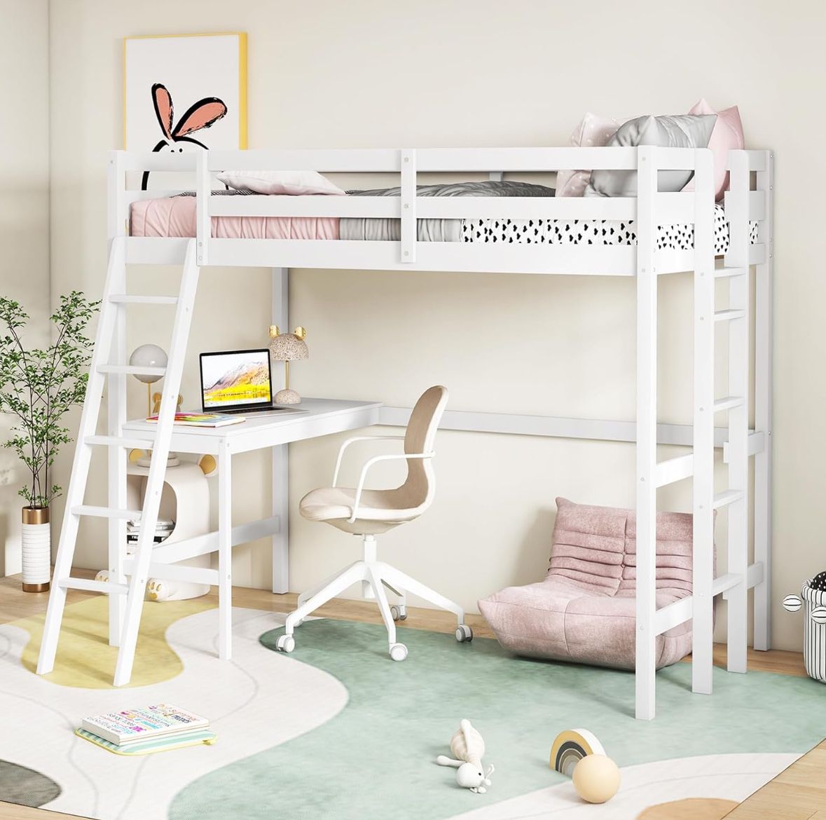 White Twin Loft Bed With Desk