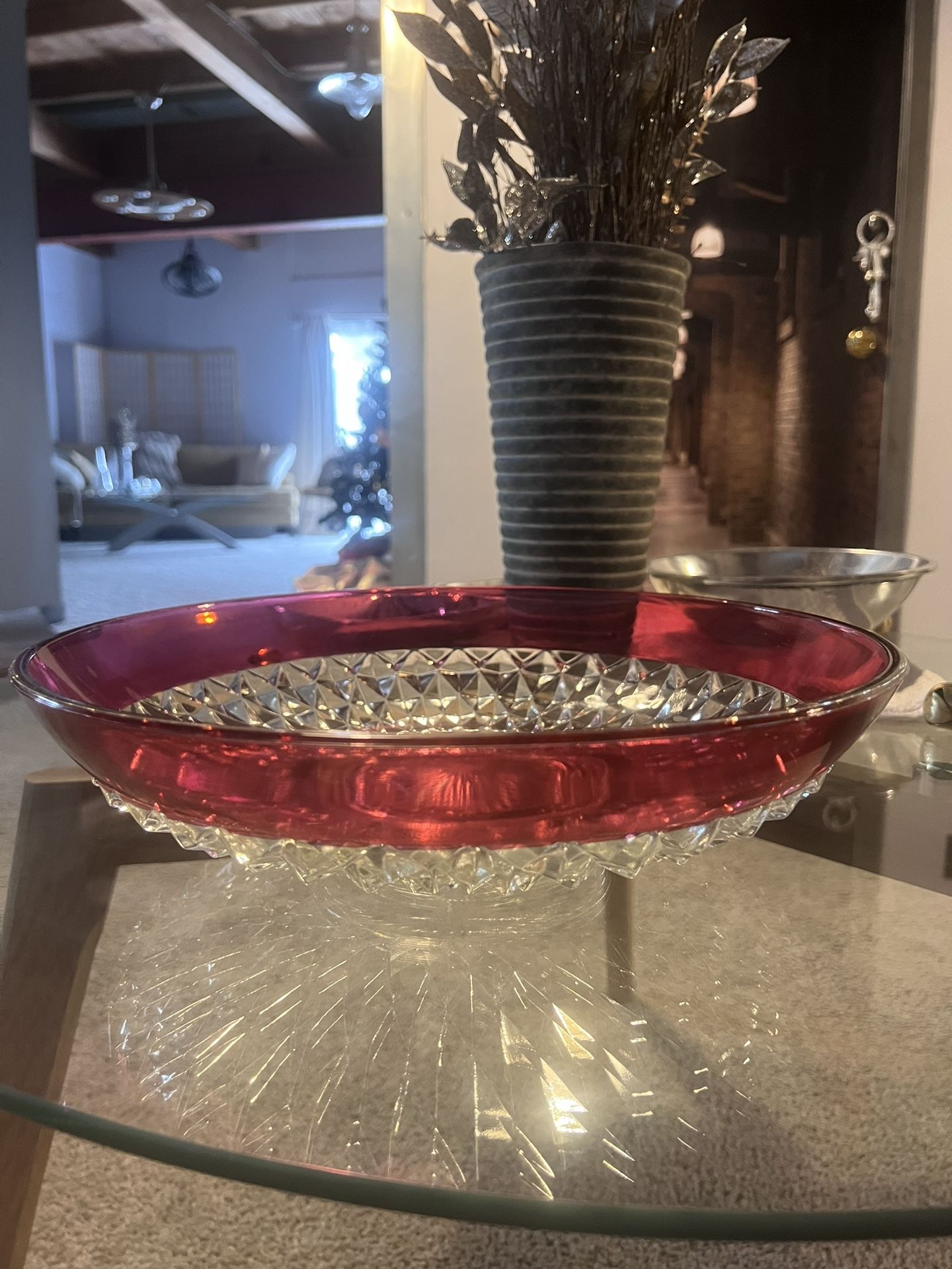 Kings Crown Indiana Glass Diamond Point Vintage Ruby & Glass13”x3.5” Bowl Ex Cond