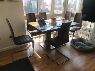 Dining set: expandable table + 6 wood, metal & leather chairs