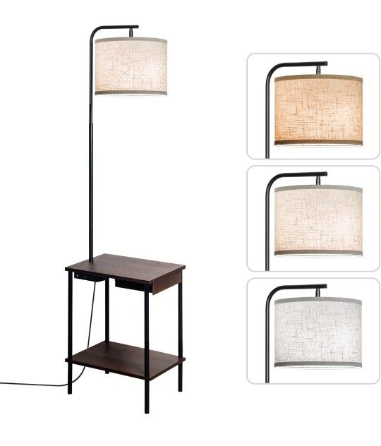 Floor Lamp with Table & Drawers, End Table Lamp with USB Charging Portt Power Outlet and Shelves, Side Table Reading Light with 3 Color Temperature Le