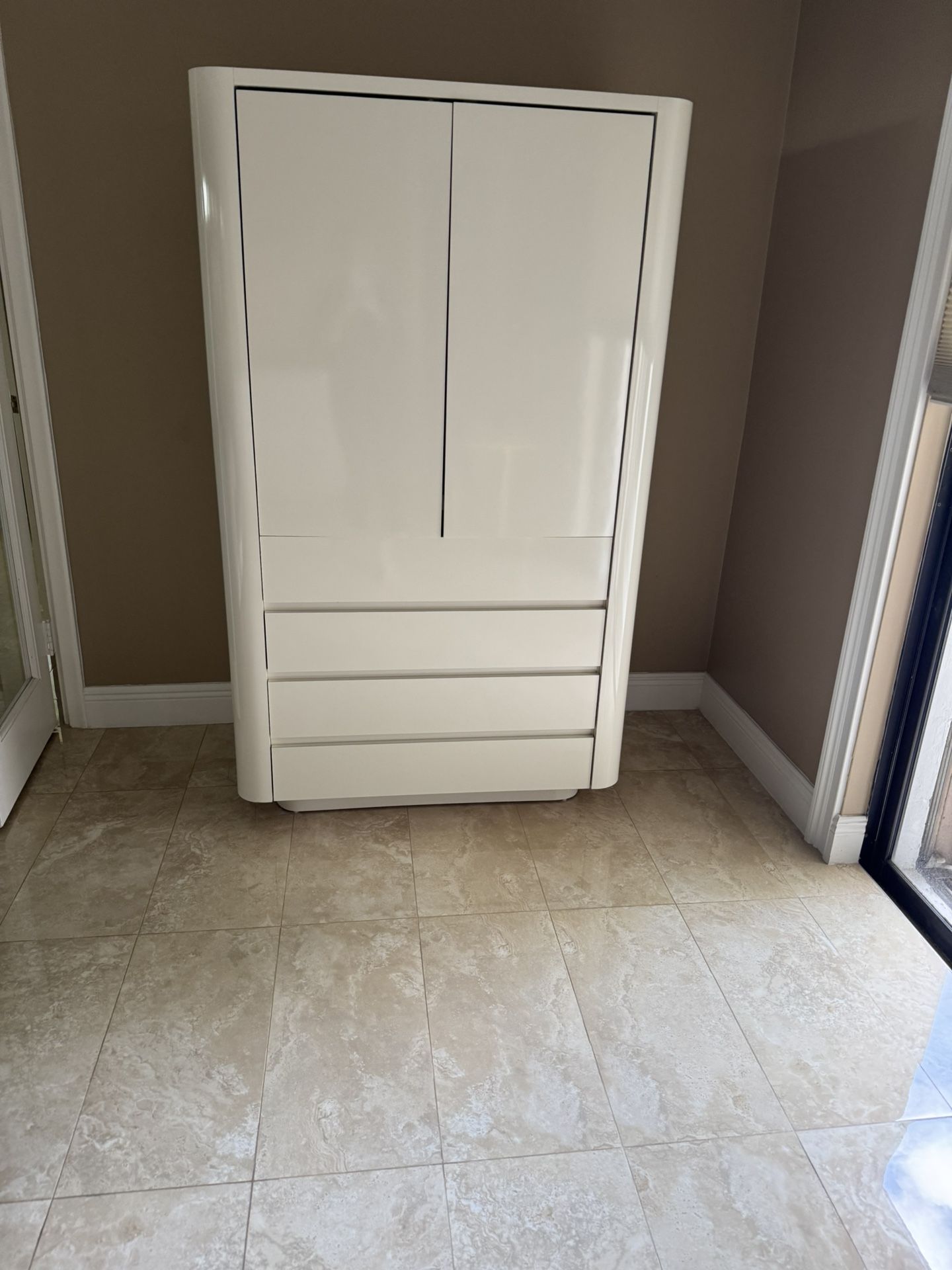 Cream Laquer Custom Three Drawer Armoire With A Swivel