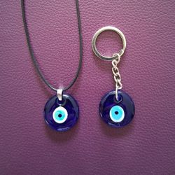 Evil Eye Necklace & Keychain, Set of 2 Charm Glass