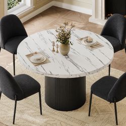 5-Piece Wood Round Dining Table with Black Boucle Chairs Metal Legs Dining Room