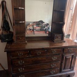 Antique Solid Wood Dresser With Mirror 