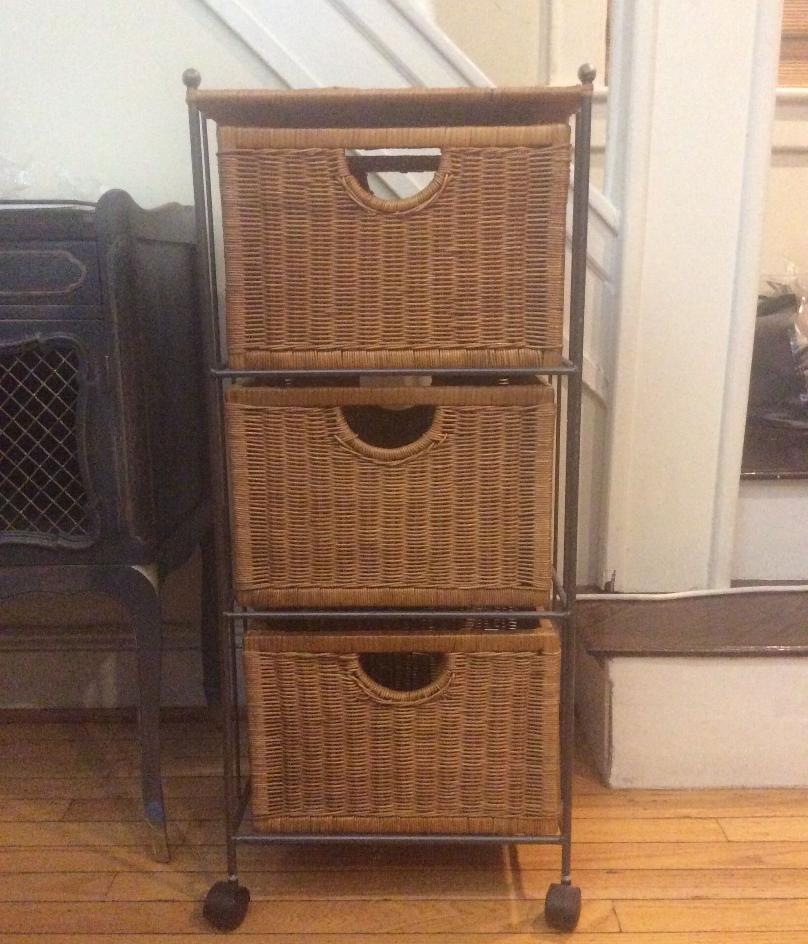Pier 1 wrought iron and wicker 3 drawer storage with wheels