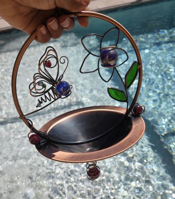 Beautiful Bird Feeder Coppertone Marble Butterfly Stained Glass 19"X7"