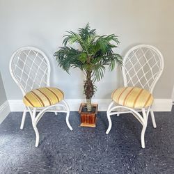 Vintage Pair Coastal Patio White Rattan Chairs 