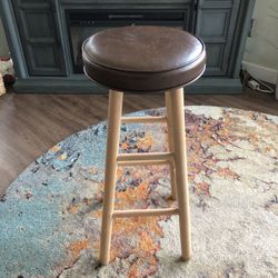 VINTAGE 30" Wood (Stainable) & Brown Vinyl Barstool w/Two Level Foot Stools