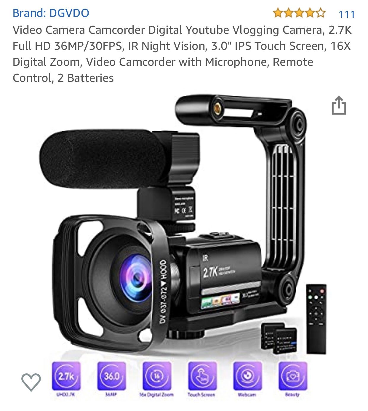 Video Camera Camcorder Digital Youtube Vlogging Camera, 2.7K Full HD 36MP/30FPS, IR Night Vision, 3.0" IPS Touch Screen, 16X Digital Zoom, Video Camc