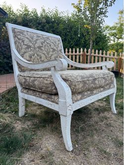 French Provincial Distressed Armchair Damask