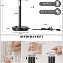 Bedside Table Lamp Set of 2: Dimmable Nightstand Bedside Lamps with USB A and C Ports, Modern Metal and Pleated Fabric Shade Black Desk Lamp for Bedro