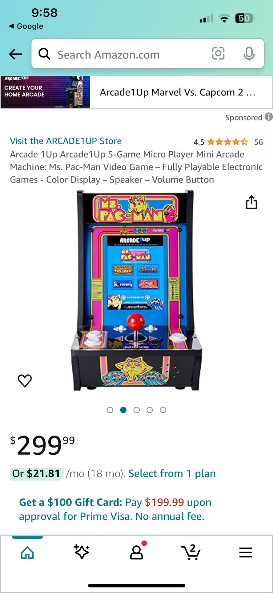 Arcade 1Up Arcade1Up 5-Game Micro Player Mini Arcade Machine: Ms. Pac-Man Video Game – Fully Playabl