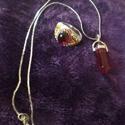 Red Vintage Ring Sz.10 & Chakra Necklace