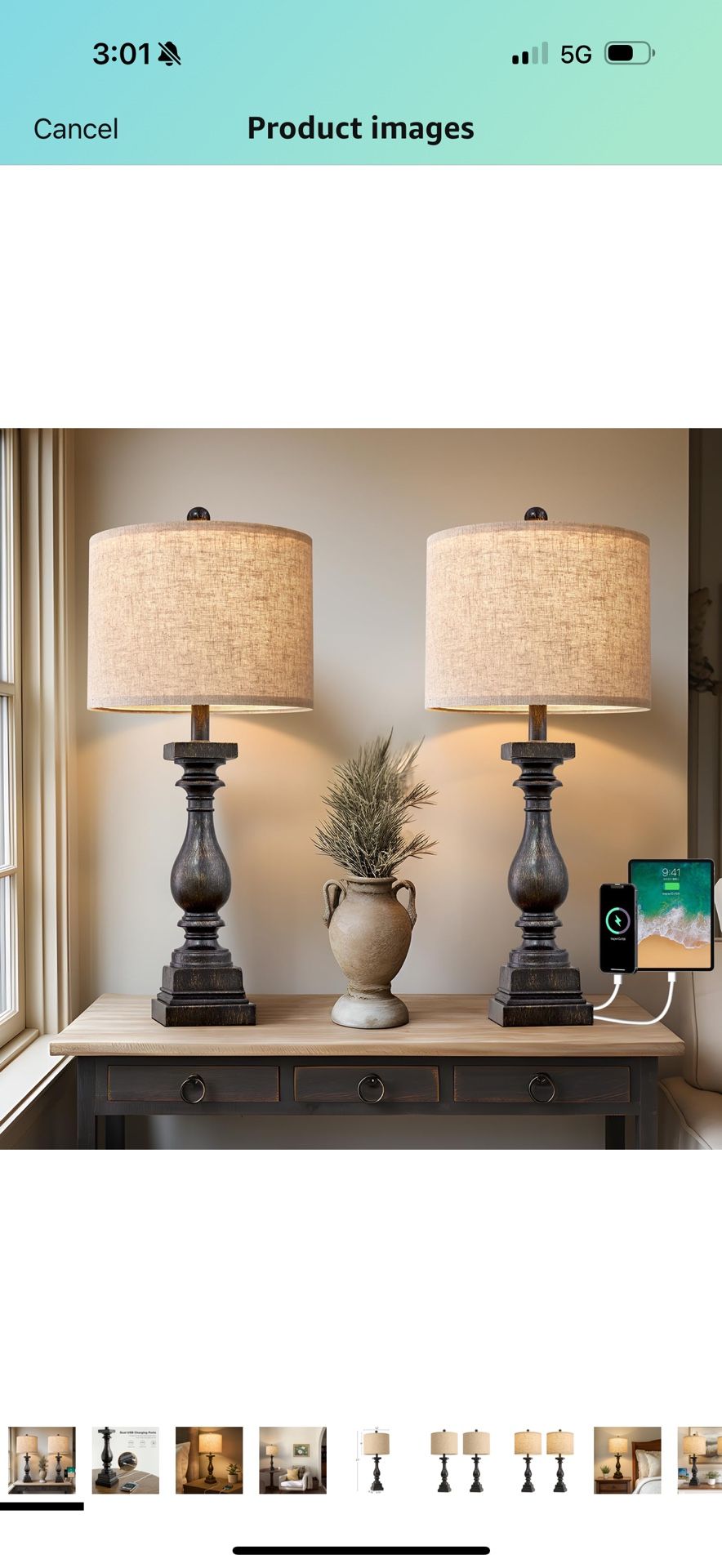 BOBOMOMO 27" Farmhouse Table Lamp Set of 2 with USB A+C for Bedroom Living Room Vintage Rustic Traditional Nightstand Bedside Lamps Retro Side Table L