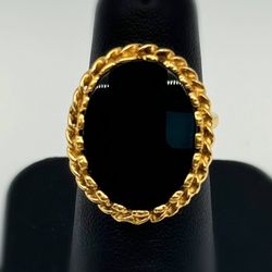 18k solid yellow gold 7 Ct Oval Black Onyx Stone Cable bezel Vintage ring sz 5.75