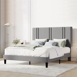 Amolife Queen Bed Frame, Platform Bed with Upholstered Velvet Adjustable Headboard, Wooden Slats, Easy Assembly, Grey