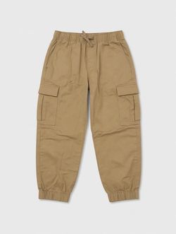 Men's Beige Solid Cargo Jogger Pants Elastic Waist Drawstring Tapered S