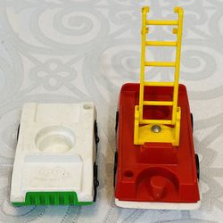 (2) VNTG FISHER PRICE LITTLE PEOPLE VEHICLES: RED FIRE TRUCK W/LADDER +GREEN CAR