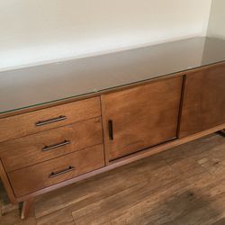 Mid-Century Modern World Market Brewton Large (64”) Storage Cabinet, Buffet Or Media TV Stand With Custom Glass Top - 64” Length (Excellent Condition)