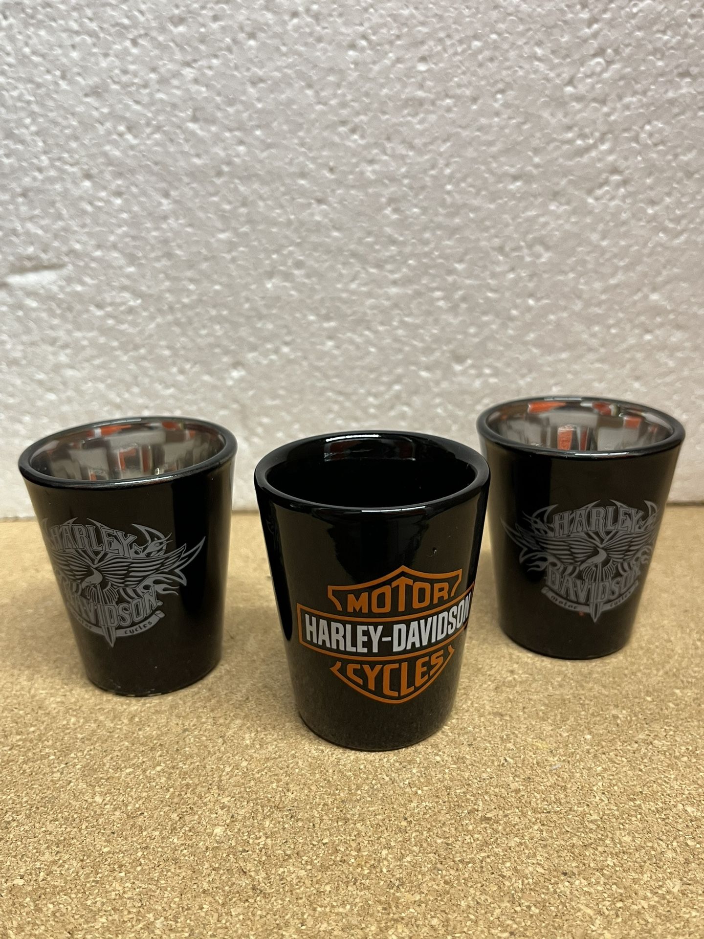 Harley Davidson set of 3 Black Shot Glasses 2- Glass Mirrored on Inside 1- China Ceramic 