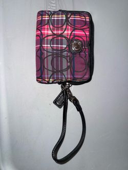Coach signature stripe tartan plaid wristlet pink