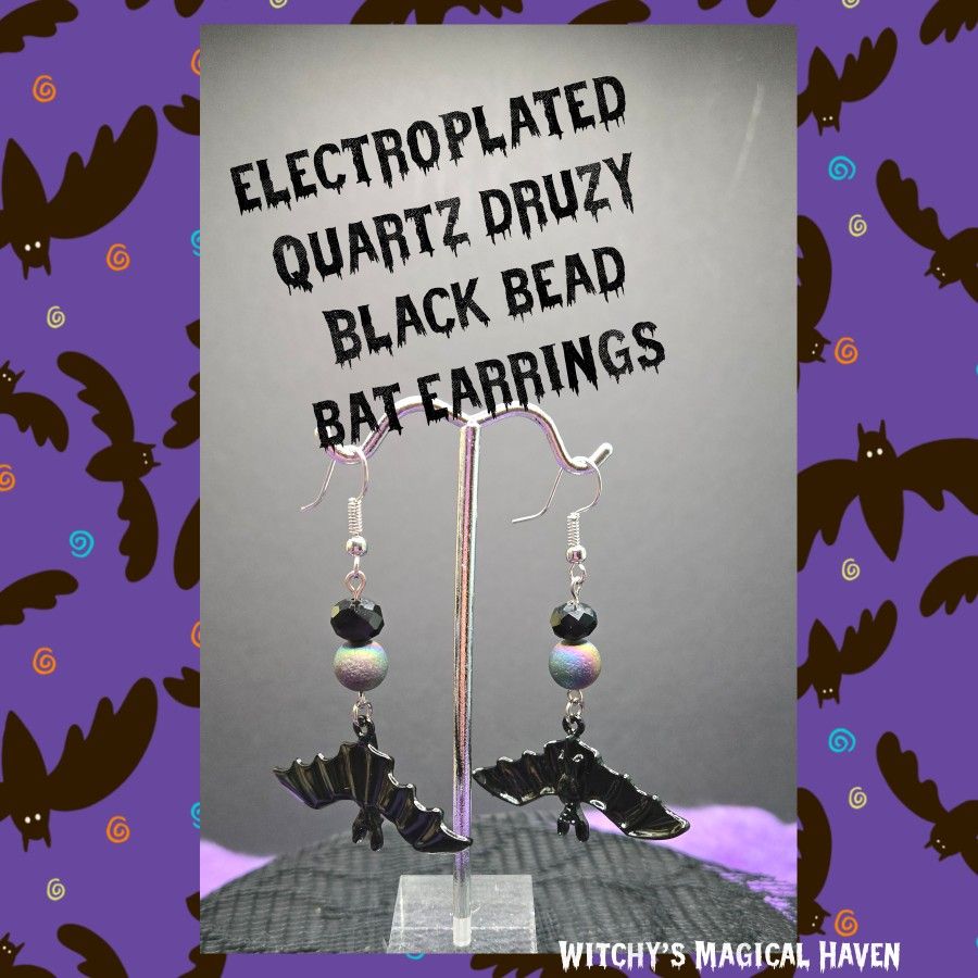 Halloween Electroplated Quartz Druzy bead, black glass bead, and Bat Charm Earrings