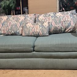 2 Matching Couches Seafoam Green Large Pillows 93” Long