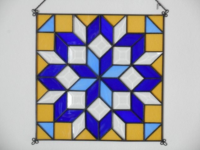 Antique Stained Glass Prismatic Suncatcher Panel w/ Art Deco Geometric Pattern