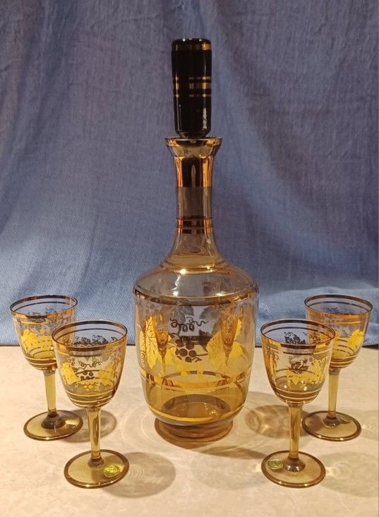 VINTAGE Bohemian Amber Glass Decanter with Stopper and 4 matching Stemmed Glass set
