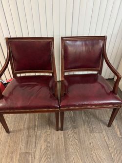 Pair of Burgundy Leather Armchairs with Nailhead Trim
