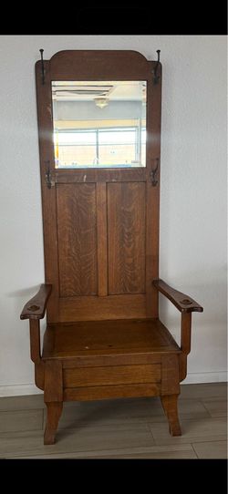 Antique Oak Hall Tree with mirror and storage bin