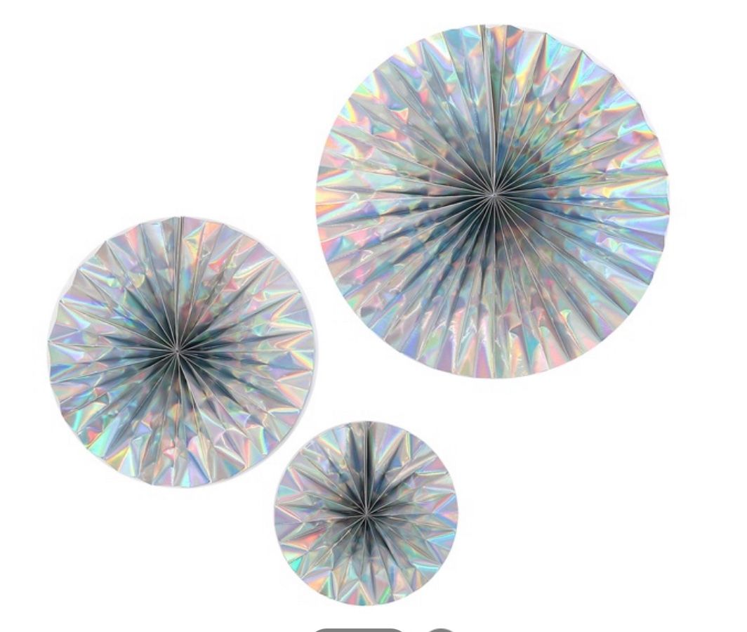 3 holographic or iridescent paper fan decorations- Party Supplies