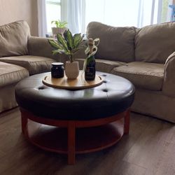 Black Leather & Red Wood Ottoman 