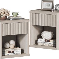 Night Stand Set of 2 Nightstands with Drawer Storage Fluted Bed Side Table End Table Large Modern Wide Bedside Stand Mid Century Night Stands for Bedr